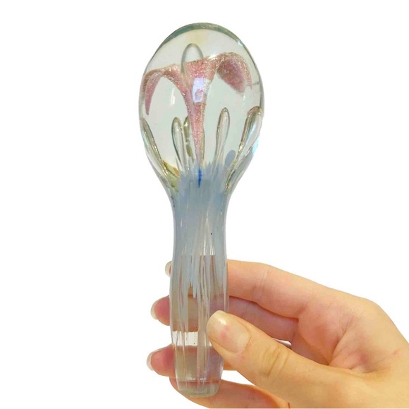 Decorative Blown Art Glass Pink Lily Flower Floral Blue Paperweight Bauble Decor - Picture 4 of 16